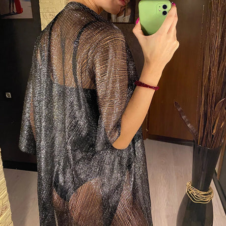 Swimsuit Cover-ups Fashion Tassel Gold Bikini Beach Cover Up Sexy Beach Dress Tunics for Women Summer Wear See Through