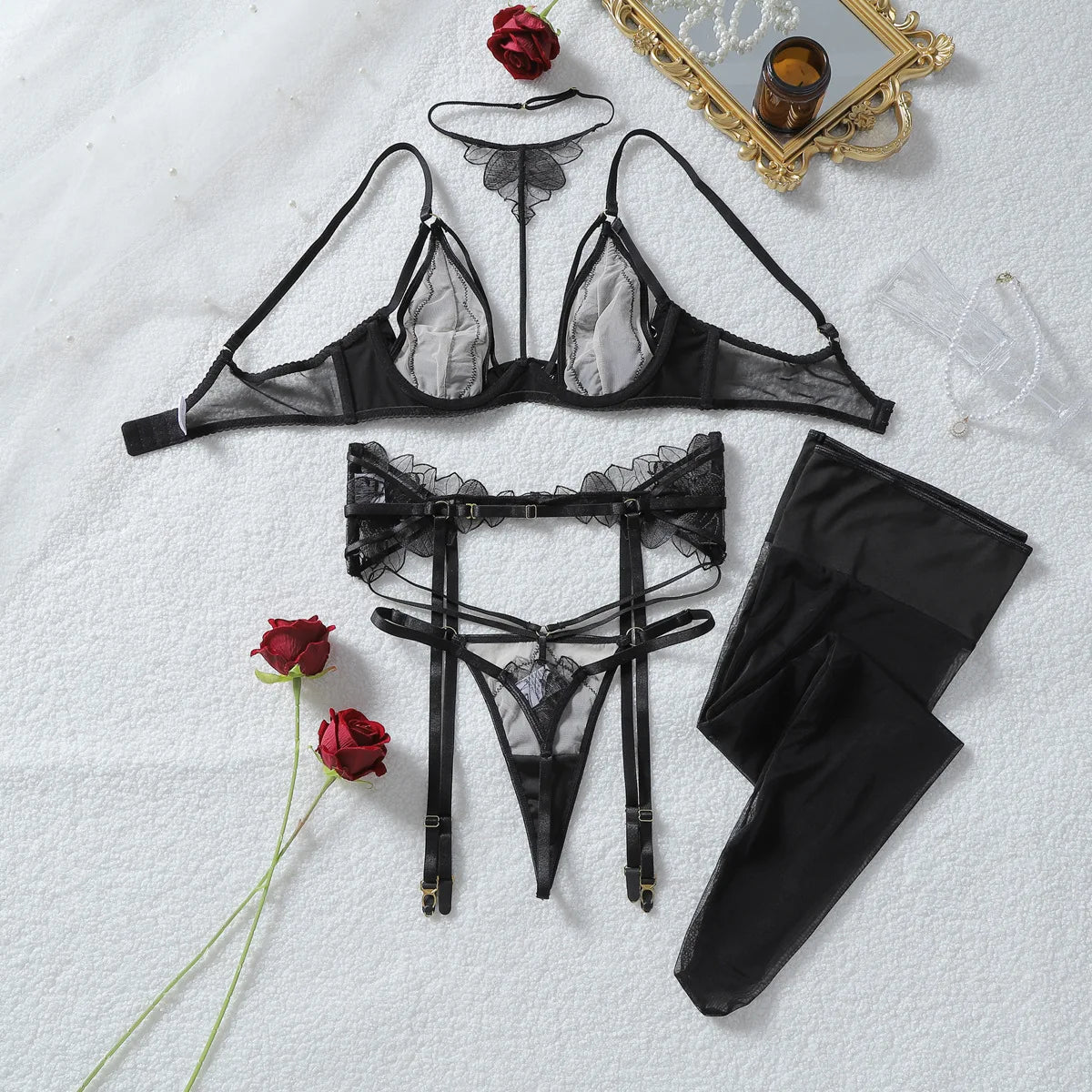 Sexy Lace Faux Leather Underwear Set Harness Bra Choker Garter Belt Thong Stockings Seductive Romantic Lingerie Set of Woman