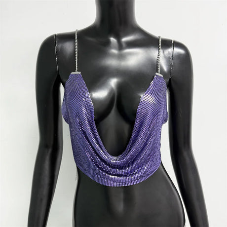 Fashion Metallic Sequins Party Tank Top Sexy Deep V Neck Backless Spaghetti Straps Sling Crop Top 2024 Rave Nightclub Camisole