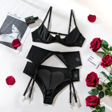 Plus Size Women Transparent Open Bra+Panty+Garter Kit Fancy Babydoll Cosplay Porno Sexy Underwear Underwire Bra Set
