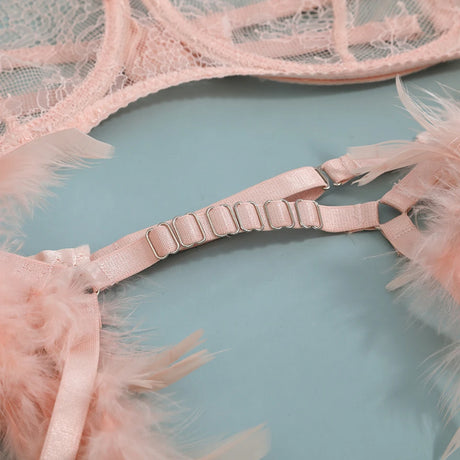 3-Piece Feather Decorated Lace Exotic Sets Women Sexy Patchwork Lingerie Set Chain Bra Panty Garter Underwear Kit For Female