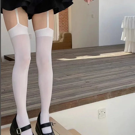 Women Suspender Wide-banded Velvet Tights Lolita Thin Thigh High Stockings with Garters Y2K JK College Style Over The Knee Socks