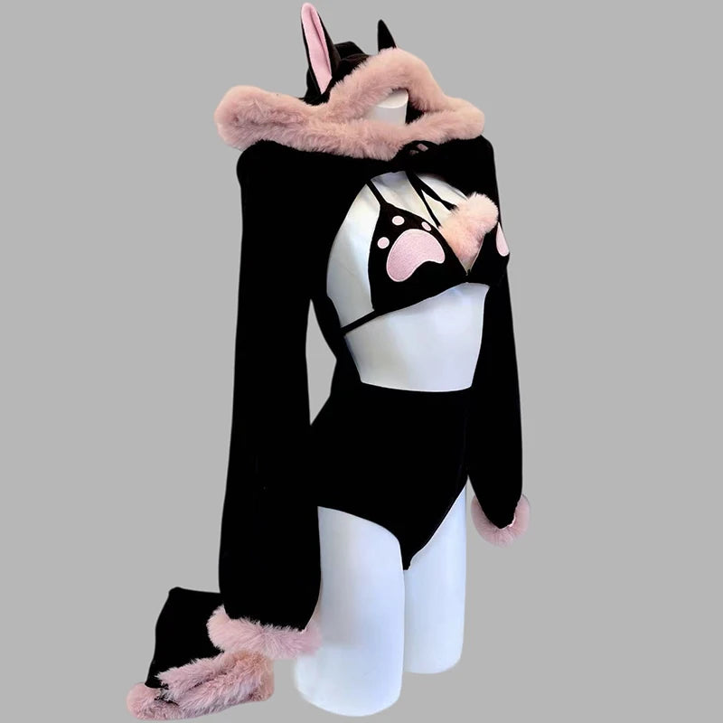 SENMHS Original Japanese Sweet Lolita Cat Girl Cosplay Set Women Kawaii Cat Paw Bikini with Hooded Bodysuit Photo Shoot Hallowee
