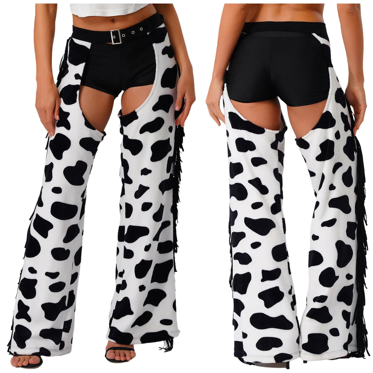 Womens Cow Spot Pattern Flannel Long Pants Adjustable Waist Open Crotch Biking Riding Cowgirl Chaps Halloween Cospaly Costume