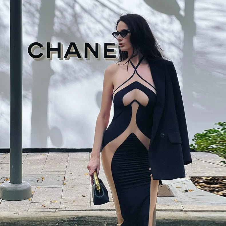 Hanging Neck Suspender Slim Fit Nightclub Sexy Women's Long Dress Elegant Fashionable Perspective Temperament Dinner Dress
