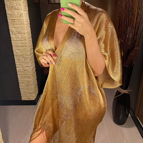 Swimsuit Cover-ups Fashion Tassel Gold Bikini Beach Cover Up Sexy Beach Dress Tunics for Women Summer Wear See Through