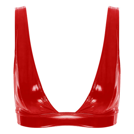 Womens Lingerie Fashion Wetlook Faux Leather Bra Sexy Wire-free No Pad Bra Top Brassiere Raves Pole Dances Costume Clubwear