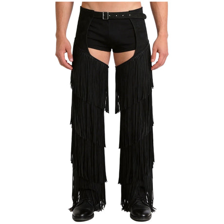 Mens Western Cowboy Chaps Fuax Suede Tassel Hollow Out Open Crotch Long Pants Adjustable Buckles Waist Motorcycle Biker Trousers