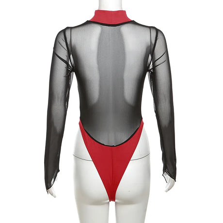 Mesh Long Sleeve Hollow Out Bodysuit Streetwear All Season Fashion Women's Solid Color Slim Fit Tops Y2k Gothic Sexy Rave Outfit