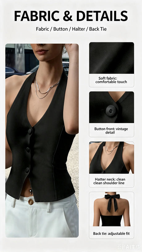 Women Black Halter Neck Button Vest Top Sleeveless V-Neck Slim Fit Back Tie Casual Streetwear Cropped Tank Top