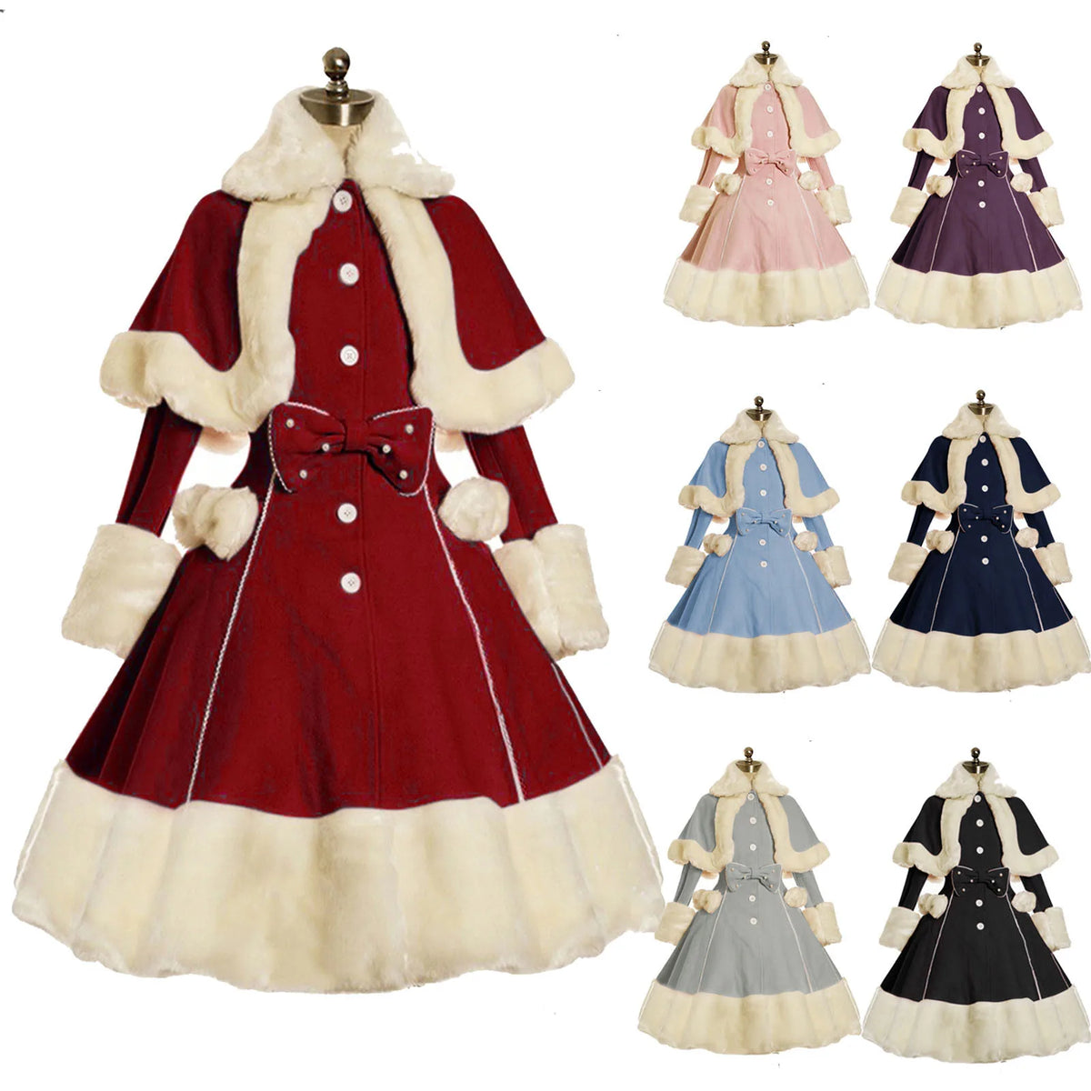 Thicken Christmas Dress Xmas Cloak Princess Cosplay Costume Red Winter Dress Women Long Sleeved Gown Furry Anime Role Outfit