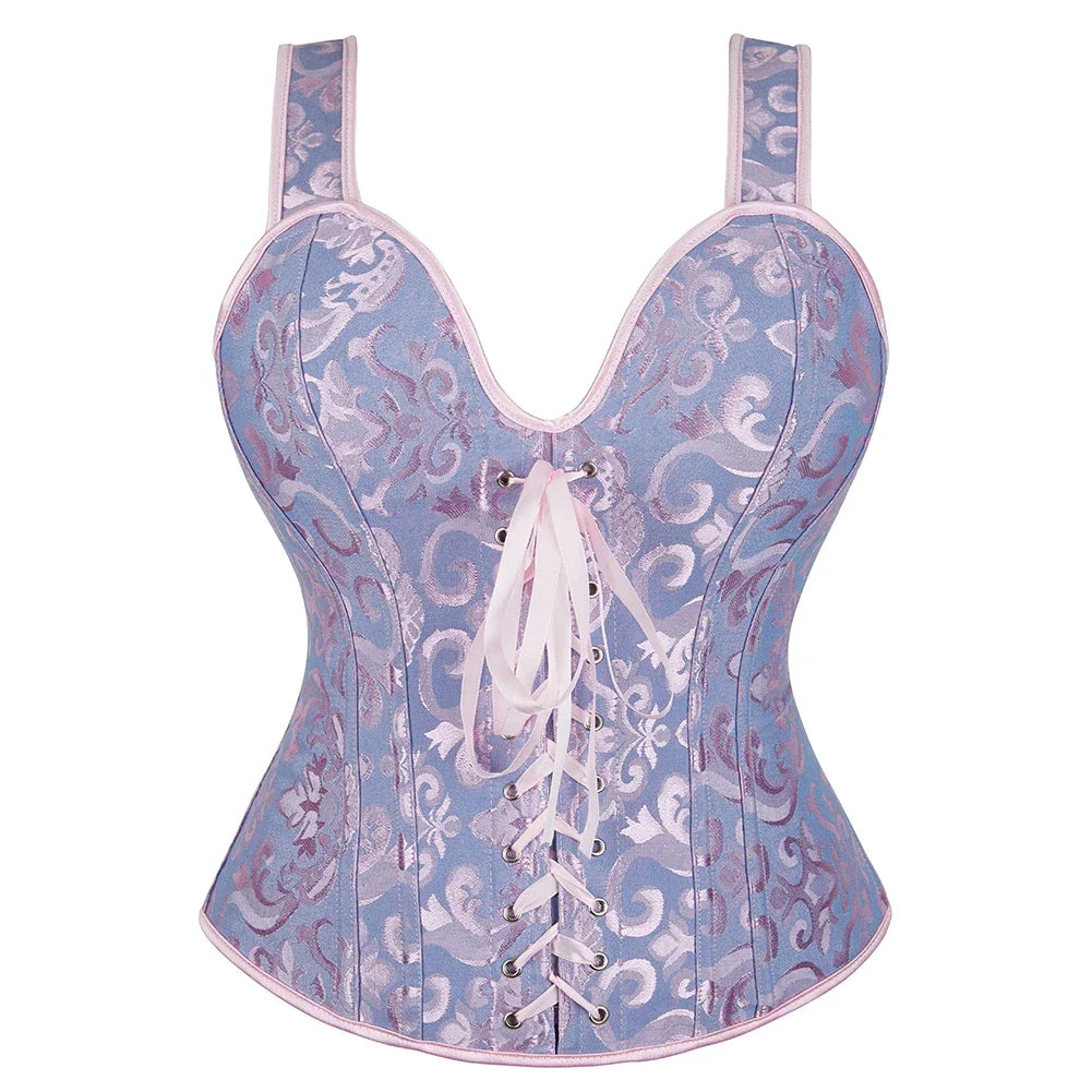 Gothic Corset Top With Straps Sexy Floral Zipper Brocade Overbust Lingerie Burlesque Body Shaper Lace Up Bustier Plus Size