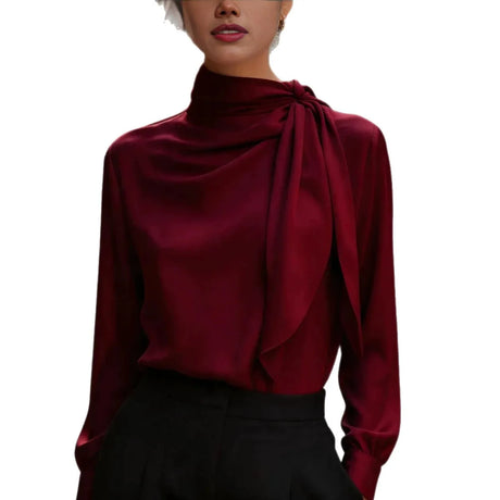 Women High Neck Tie Detail Long Sleeve Satin Blouse Elegant Draped Top for Office or Formal Events
