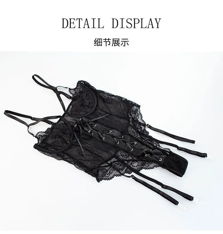 European and American Sexy See-through Dress Mesh Lace Garter Side One-Piece Underwear Women's Sexy Tight Jumpsuit Two-Piece Set