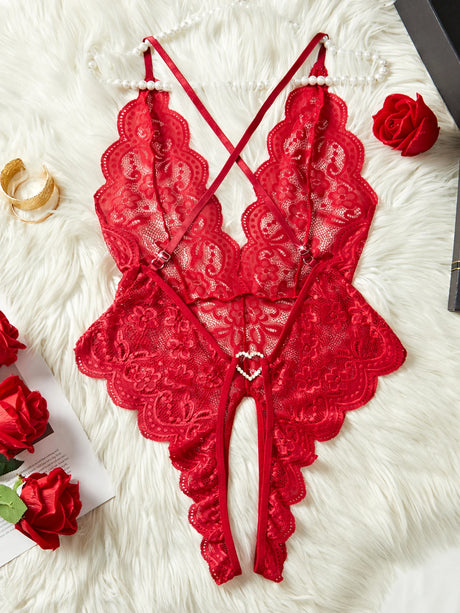Sexy Crotchless Red Lingerie Women Lace Hollow Bodysuit Erotic Pajamas Teddy Babydoll Dress Deep V Open Bra Porn Underwear Sets