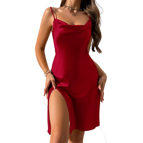 Women's Fashion Nightdress Draped Collar Open Back High Slit Mini Dress Daily Sexy Homewear