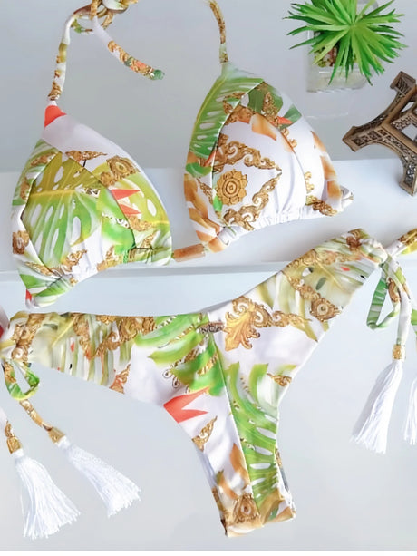 Women's Printed Tassel Bikini Set Low Waist Tie Side Two Piece Swimsuit Fashion Beachwear Bathing Suit Bikini Set Women's Swimsu