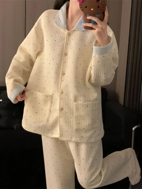 Thickened Air Cotton Sleepwear Set for Women Autumn Winter Polka Dot Home Clothes Korean Style Cute Girl Long Sleeve V-Neck