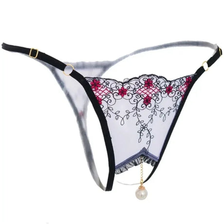 Women Sexy Crotchless Thong with Pearl Pendant Lace Embroidery Transparent G-string Tanga Underwear Lingerie