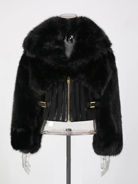 TWOTWINSTYLE Black Slimming Spliced Zipper Jackets for Women Lapel Long Sleeves Tunic Patchwork Fur Fashion Jacket Female New