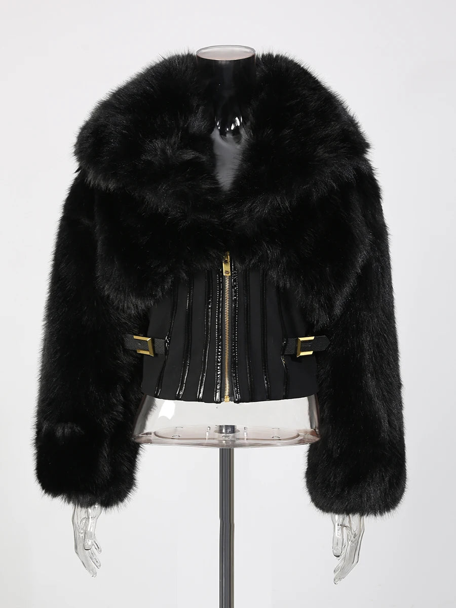TWOTWINSTYLE Black Slimming Spliced Zipper Jackets for Women Lapel Long Sleeves Tunic Patchwork Fur Fashion Jacket Female New