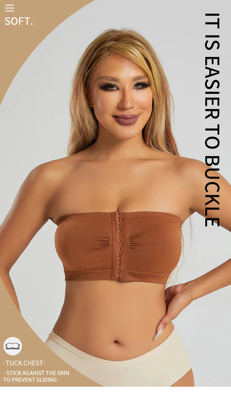 Women's Plus Size Strapless Front Closure Bandeau Bra Seamless Wireless Bralette Tube Top Non-Slip Everyday Brassiere