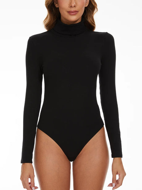 Women's Turtleneck Long Sleeve Bodysuit Women Jumpsuit Stretchy Layer Top Black Solid Color Slim Fit Overalls One Piece Outfit