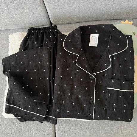 Spring and Autumn Large Black Pajama Women's Long Sleeve Set Sweet Cardigan High End Home Clothes Ladies Nightwear Star Print