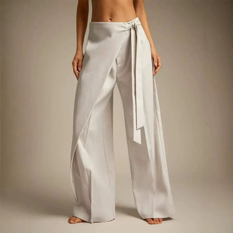 Women High Waist Wide Leg Pants Loose Wrap Tie Knot Asymmetric Pleated Trousers Beach Casual Bottoms