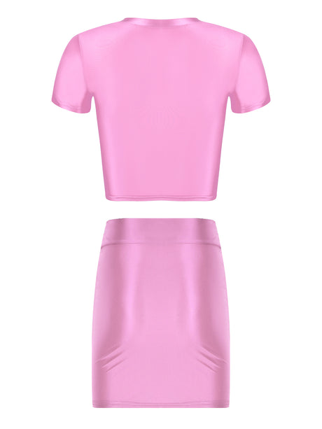 Womens Glossy Two-piece Outfit Oil Shiny Smooth High Waist Mini Skirt with Tank Top Nightclub Rave Outfit Pole Dancing Clubwear