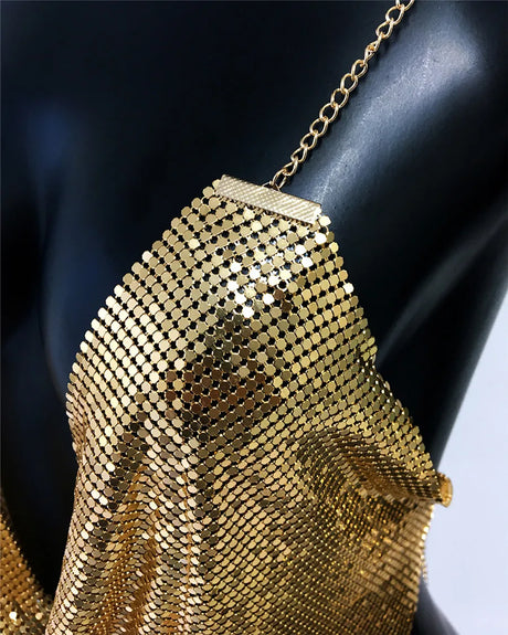 Fashion Metallic Sequins Party Tank Top Sexy Deep V Neck Backless Spaghetti Straps Sling Crop Top 2024 Rave Nightclub Camisole