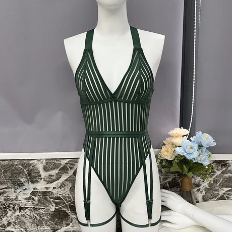 Sexy Lingerie Strip See Through Bodysuit Deep-V Halter Erotic Costumes Backless Jumpsuit Suspenders Underwear Women Garter 2024