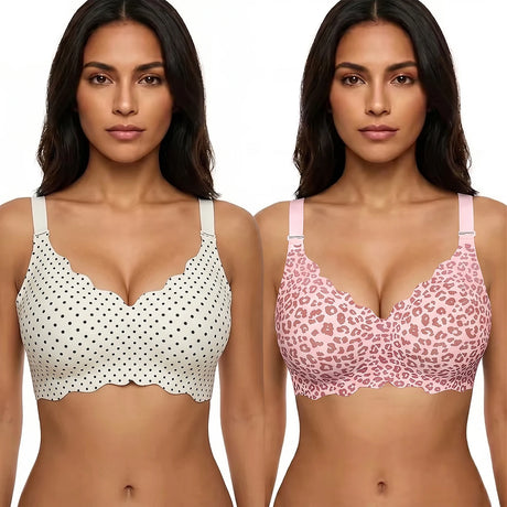 Bras for Women No Underwire Scalloped Wireless Push Up Bra Seamless Full Coverage Supportive Plus Size Tshirt Bra, Soft Breathable Comfortable Bralette, Leopard & Polka Dot Print Ice Silk Bra