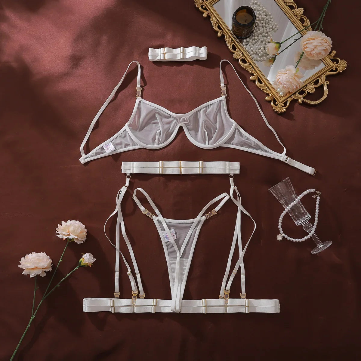 2026 Fashion Heavy Crafted Metal Decorative Lingerie Set with Buckle Women Mesh Transparent Bra Lady Sexy Body Shaping Underwear