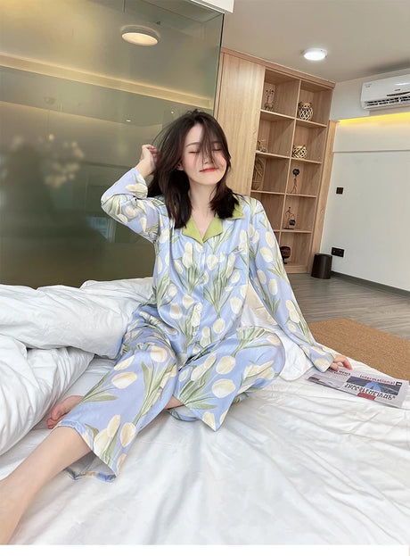 2023 Spring Autumn New Ice Silk 2 Pieces Pajamas for Women Fashion Cardigan Women's Pajamas Sweet Printing Loungewear Women Set