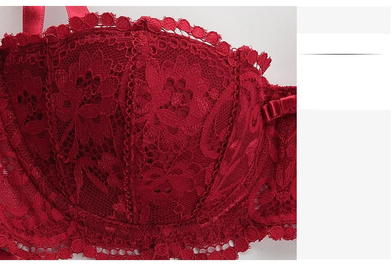 French Red 1/2 Cup Sexy Bra Set Lace Flowers Embroidery Women Underwear Push Up Brassiere and Panties Garter 3 Pieces Sets