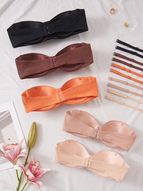 5Pcs Detachable Strap Bandeau Bras Solid Strapless Push up Bra for Women Daily Invisible Lingerie