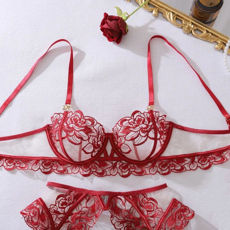 Women's Burgundy Lace Lingerie Set Underwire Bra Thong Panty Garter Straps Stockings Floral Embroidery Sexy Underwear Outfit
