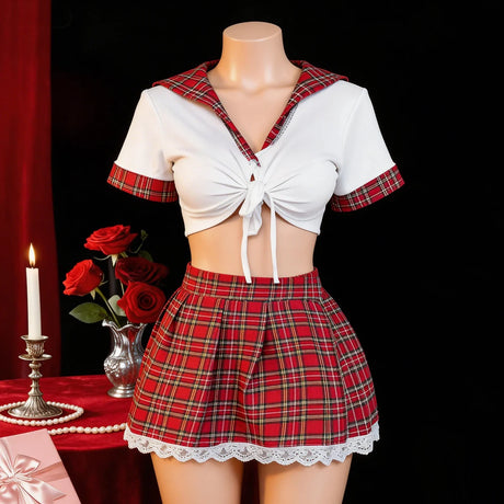 Women Sexy Lingerie Plaid Cosplay Uniform Role Play Costume Erotic Underwear Checkered Nightwear Fancy Dress Plus Size Set