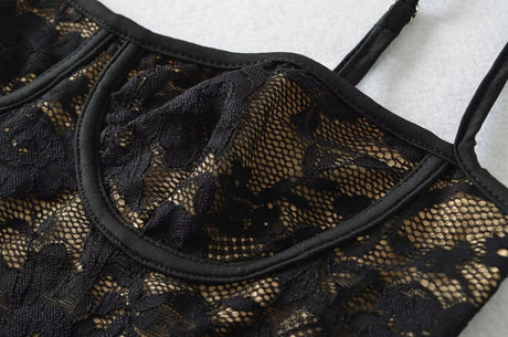 Sexy Black Floral Lace High Split Bodysuit Spaghetti Strap Elastic Slim High-Cut Tops Jumpsuits
