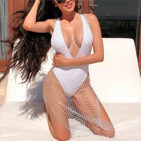Fishnet Bling Diamonds Women Dress High Split Plaid See Through Sleeveless Summer Sexy Slim Long Dresses Dance Party Fashion New