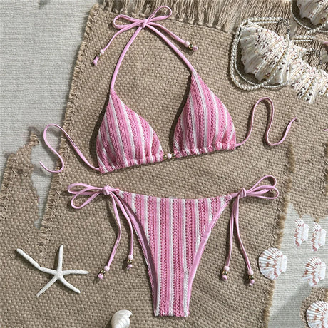 Pink Striped Print Halter String Triangle Bikinis Sets Micro Thong Sexy Swimsuit Women 2026 Ladies Swimwear Bead Bikini Bather