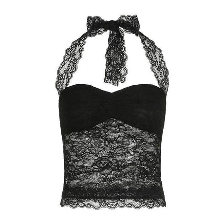 Y2K Women Lace Halter Neck Tank Tops Sleeveless Backless Tie-Up Camisole Summer Crop Tops Going Out Streetwear Party Tops