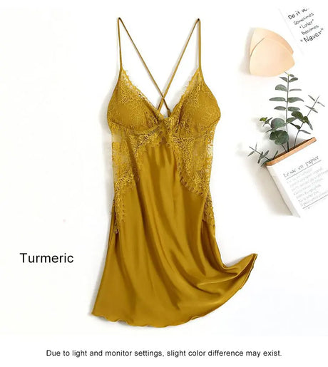Women's Satin Lace Slip Nightdress V-Neck Spaghetti Strap Backless Chemise Sleepwear ElegantLingerie Dress for Bedroom Nightwear