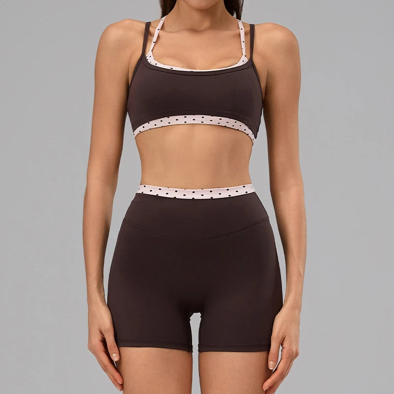 Hearuisavy 2Pcs Fitness Set Women Polka Dot Cross Back Sports Bra High Waisted Push Up Shorts Gym Quick Dry Workout Yoga Suit