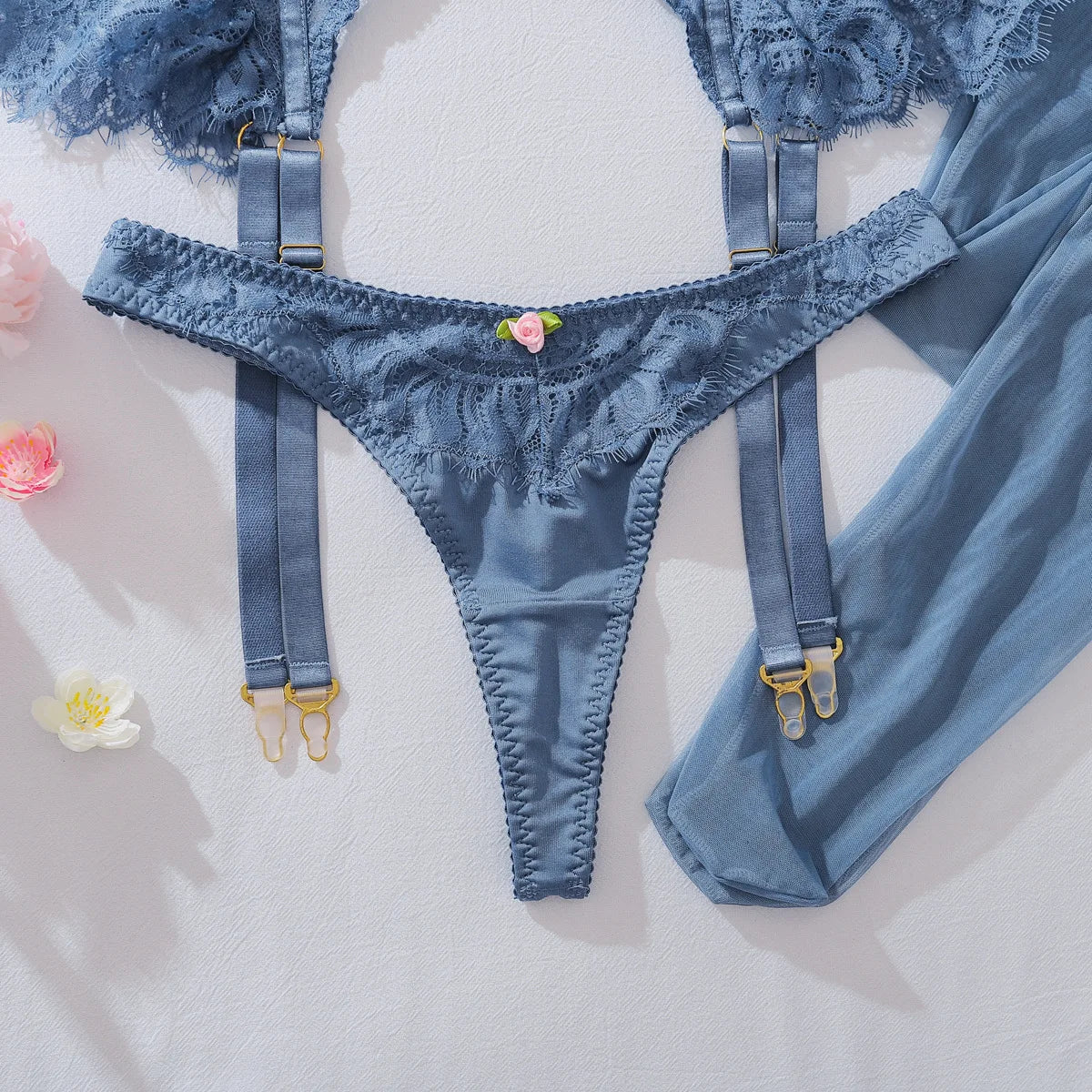 Diccvicc Coquette Slate Blue Lingerie Set 4 Piece Eyelash Lace Satin Bra Peplum Ruffle Garter with Rosebud Thong Women Nightwear