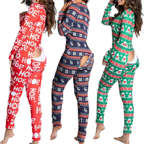 Sexy Pyjama Women's Long Sleeves Homewear Suit Button-Down Front Back Butt Bum Open Ass Flap Jumpsuit Loungewear Christmas Print