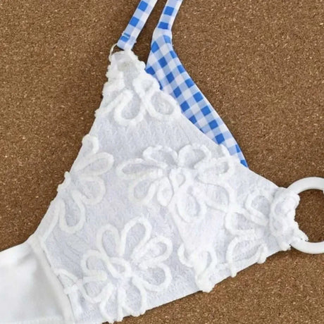 Women Floral Textured Bikini Set Gingham Contrast O-Ring Triangle Top High Waist Boy Short 2 Piece Swimsuit Bathing Suits