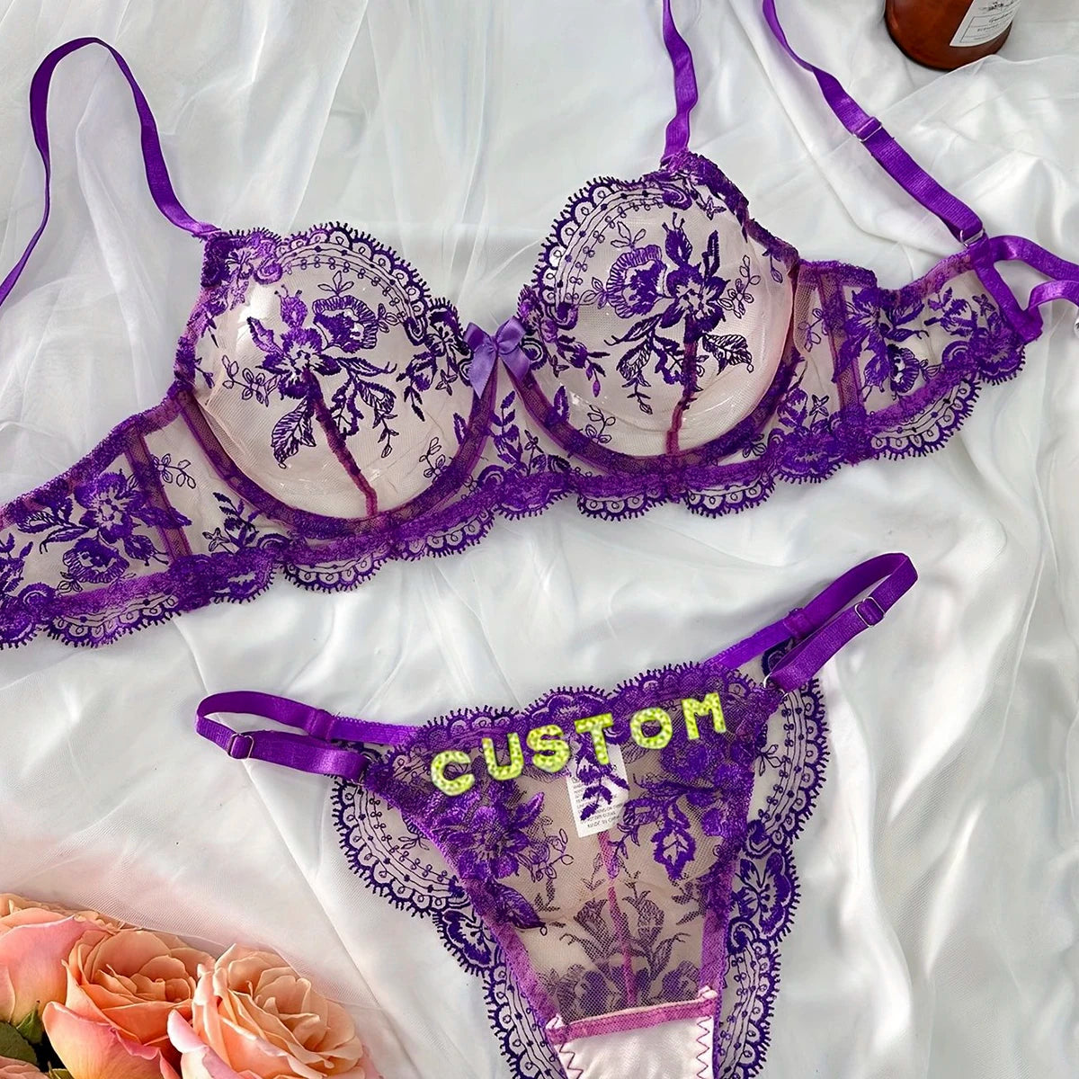 Sexy Custom Thong Name Embroidery Lingerie Set Customized Women Name Thong Sheer Bra + Brief Underwear Set Personalized Gift