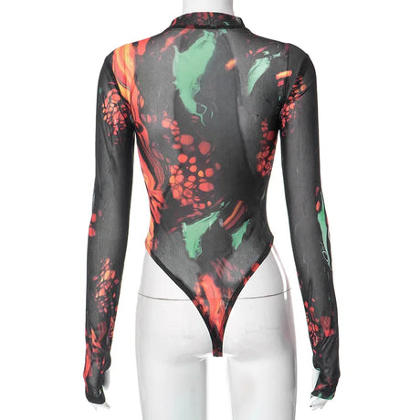 Fashion Tie Dye Printing One-Piece Romper Sexy Women Long Sleeve Bodysuits Streetwear Y2k Bottoming Tops Clubwear O-Neck T-Shirt